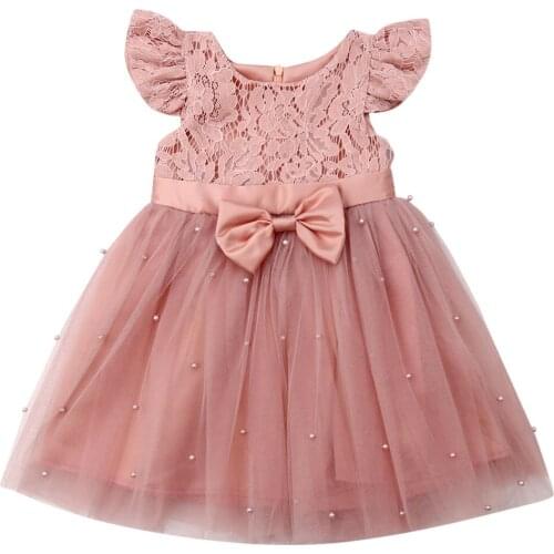 Princess Girls Dress 2-7Years Fly Sleeve Lace Peal Bow Tutu Birthday Party Dreses Toddler Kids Baby Gir One Pieces Clothes