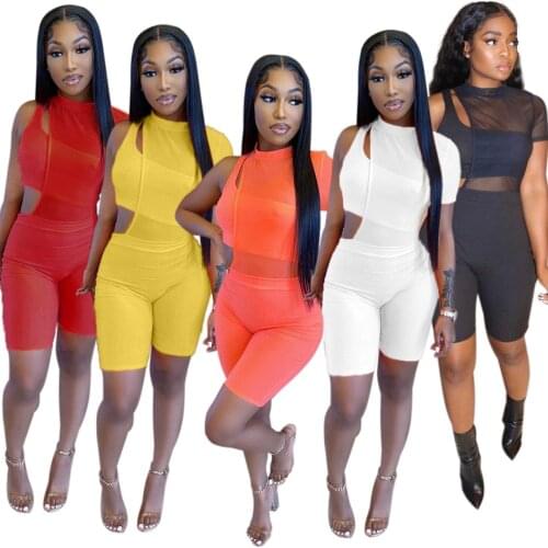 Casual Women Sportsuit Biker Two Piece Set Solid Color Hollow Out Matching Set Streetwear Summer Clothes For Women Outfit