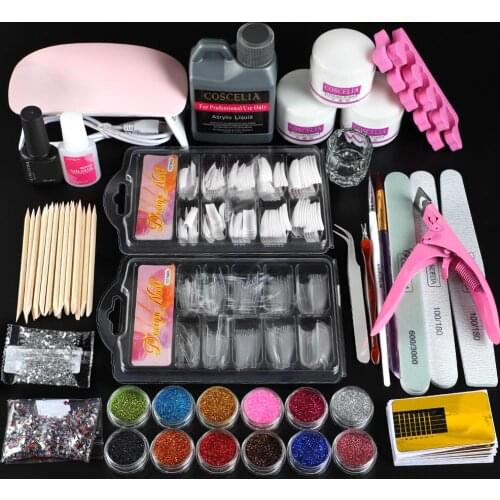 Pro Acrylic Kit With Nail Lamp Dryer Acrylic LiquidNail Tips Full Nail Manicure Set Nail Art Tool Kit Nail Glue Glitter Powder