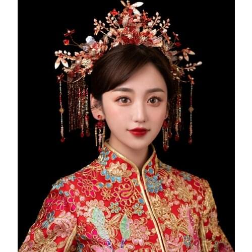 Bridal Headdress Ancient Chinese Costume Tiara Golden Elegant Phoenix Coronet Tassel Wedding hair Accessories