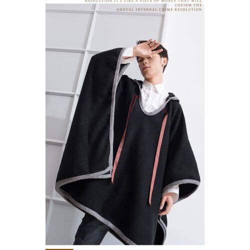 Autumn and winter trend mens loose personality Cape Cape medium long woolen coat woolen hair stylist thick coat Hooded