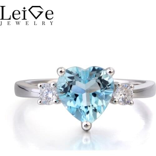 Leige Jewelry Engagement Rings Natural Aquamarine Ring Blue Gems Heart Cut Gemstone March Birthstone 925 Sterling Silver Ring
