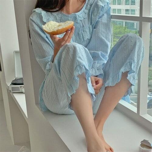 Spring autumn princess home suit women pajama set long sleeve top pants 2 piece set homewear polka chic sleepwear trousers Y932