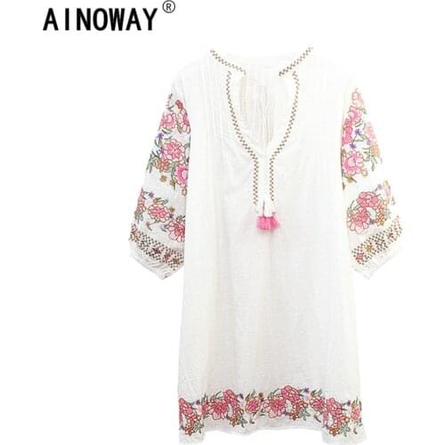 Vintage Chic Boho linen cotton Floral embroidery beach Bohemian mini dress Ladies tassel Summer dress vestidos