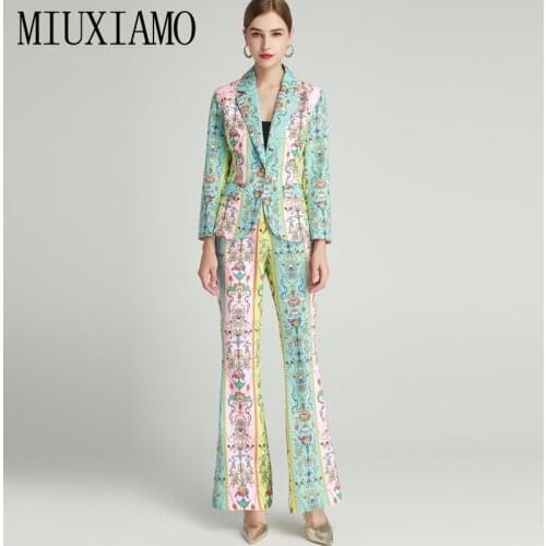 MIUXIMAO 2021 High Quality Autumn Two Piece Set Fashion Long Sleeve Slim Flower Jacket+ Long Trousers Office Lady Suit Women