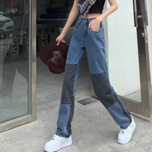 Zoki Patchwork Women Hip Hop Jeans Straight High Waist Blue Streetwear Baggy Denim Pants Loose Casual Wide Leg Jean New 2021