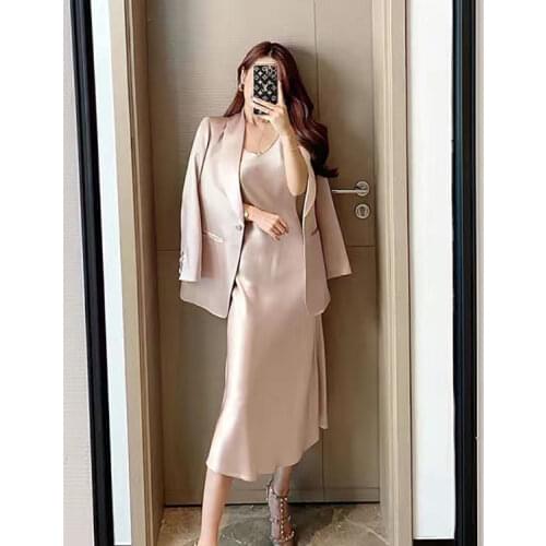 Women Suits Autumn Spring Acetate Office Lady Korean Ladylike Solid Full Dress Suits Coat Knee-Length 2 Pic Set Women Suits