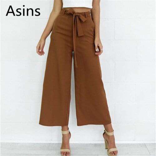 Asins Wide leg pants 2019 spring new women casual fashion wild solid color sashes spliced pockets mid waist loose wide leg pants