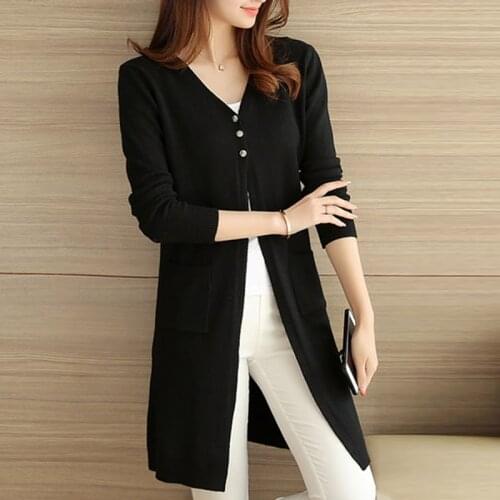 Long Cardigan Female 2019 Autumn Winter Women Long Sleeve Cardigan Sweater Knitted Cardigans For Women Sweater Black red khaki