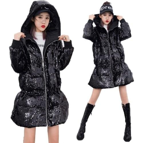 Winter Jacket Women Plus Size Parka Jackets European Street Clothing New Loose Hooded Sequins Thick Warm Cotton Coat Womens 095