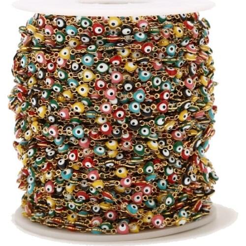 5.5MM width Handmade stainless steel heart Linking Chains with Evil Eye Lucky Charm Bulk Lot for Boho DIY Jewelry Making