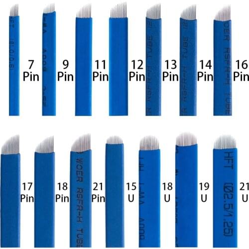 500pcs 7/9/12/14/18 U Permanent Makeup Eyebrow Blue Flex Tattoo Needles Blade For 3D Microblading laminas blade Agulhas Tebori