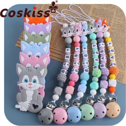Coskiss Personalized Name Handmade Pacifier Clips Holder Chain Silicone Pacifier Chains Set Civet Cat Baby Teether Chain