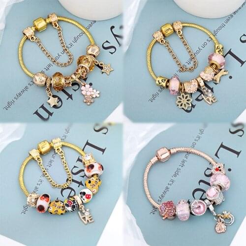 DINGLLY Golden Daisy Charm Bracelets For Women Men Original Anime Crystal Heart Shaped Lucky Ladybug Beads Bracelet Bangle