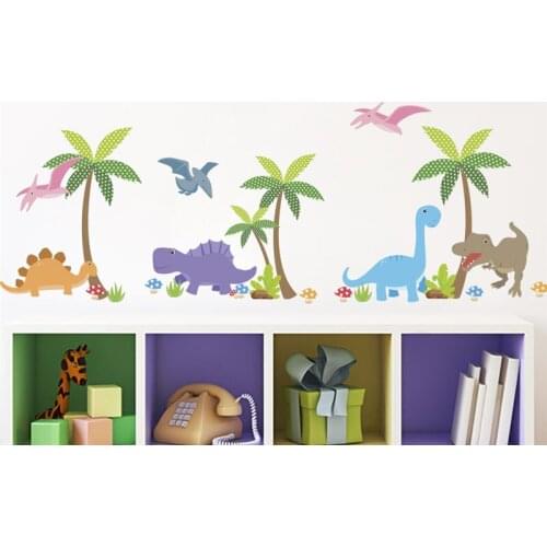 Dinosaur Forest Wall Stickers For Kids Room Bedroom Decoration Cartoon Safari Mural Art Diy Pvc Animal Home Decals
