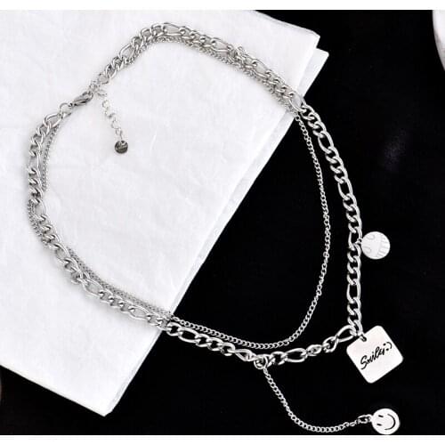 316L stainless steel European and American trend personality double necklace smiling face square brandchoker collarbone chain