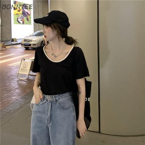T-shirts Women Solid All-match Leisure Streetwear Fashion Korean Style Temperament Summer Simple Female Tops Cozy Sexy Stretchy