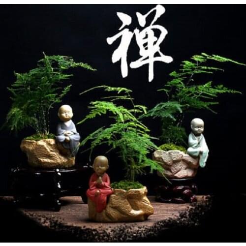 Creative flowerpot ceramics small monk small Buddhist Zen small flowerpot green pot plant fleshy plant pot rough pottery bottom