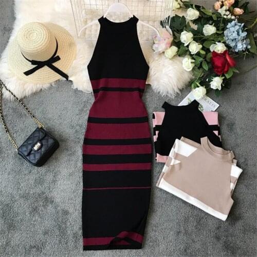Fashion Halter Neck Slim Summer Striped Print Knitted Midi Long Dress Women Vestido De Festa Casual Party Bodycon Tank Vestidos