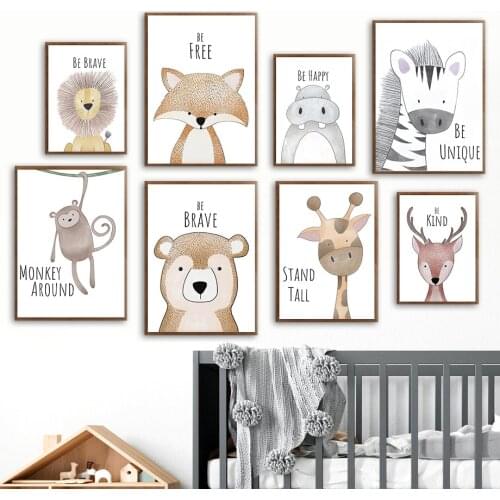 Cartoons Lion Tiger Monkey Zebra Cute Deer Fox Wall Art Canvas Painting Nordic Posters And Prints Wall Pictures Kids Room Decor
