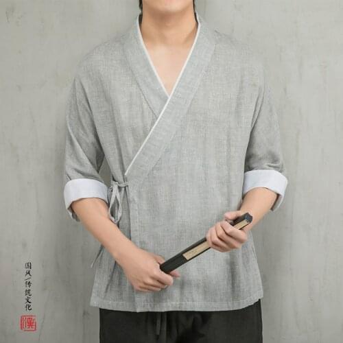 2021 Mens Han Fu Shirts Men Cotton Linen Blouse Vintage Clothing Chinese Tradition Tops Tang Suit Male Half Sleeve Kimono M-4XL