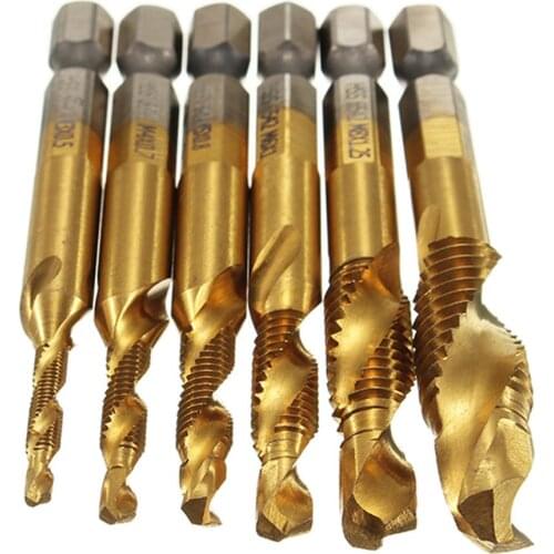 6pcs M3-M10 Combination Drill Tap Bit Set HSS 6542 Titanium Coated Deburr Countersink Bits