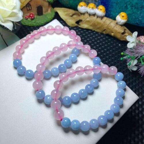 Natural Aquamarine With Rose Quartz Beaded Bracelet for Women Men Jewelry Blue Beads Pink Stone Handmade Jewelry Gift
