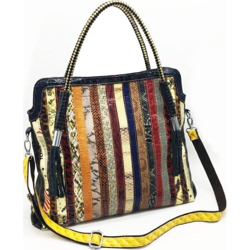 2020 New Leather Shoulder-Bag Bag Mixed Color Stripe Womens Cow Leather Bag Large European and American Style