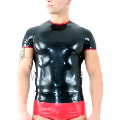 Novelty round neck latex t-shirt short sleeve in black color for men
