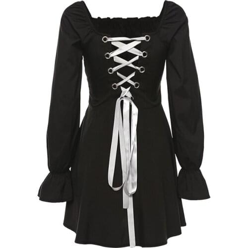 PERHAPS U Women Spring Black Slash Neck Long Sleeve Solid Lace-up Back Elegant Mini Dress D2024