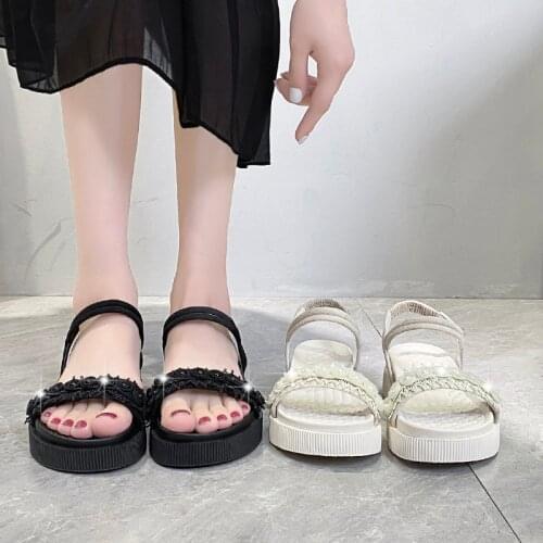 One word with pearl sandals Roman style summer new thick bottom flat solid color open toe beach shoes womens shoes X840