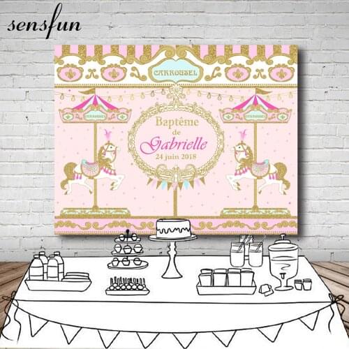 Sensfun Carousel Gilrs Birthday Party Backdrops Photo Studio Gold Glitter Pink Baby Shower Birthday Party Photogrphy Backgrounds