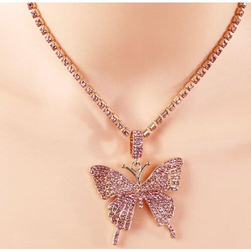 Sparking Fully Iced Out Crystal Pave Butterfly Pendant Cubic Zircon 3D Butterfly Pendant Necklace Fashion Jewelry 2021