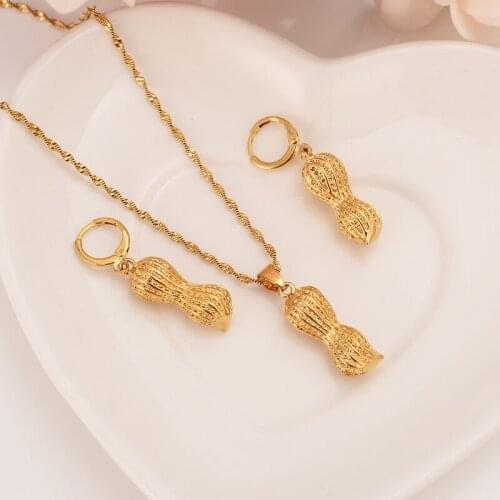 9 k Solid Fine G/F Gold Dubai India peanut vintage dangle Earrings Necklace Jewelry Sets party jewellery