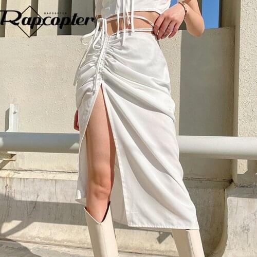 Rapcopter Shirring Tie Up Midi Skirts y2k White Split Mid-Calf Skirts High Waisted Slim Women Summer Skirts Korean Style Fashion