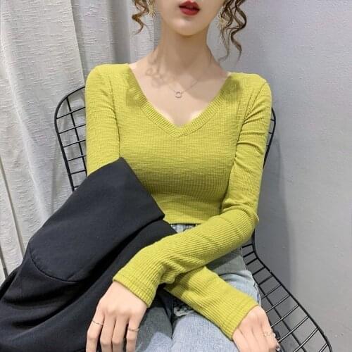 V-neck Bottoming Shirt Women New Style For Autumn Winter Sexy Slim Top Two Ways To Wear Long-sleeved T-shirt