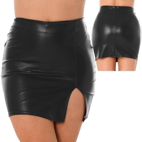 Womens Pole Dace Party Clubwear Wetlook PU Leather High Waist Miniskirt Ladies Solid Color Zipper Back Side Slit Pencil Skirt
