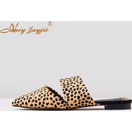 Leopard Flat Mule Slippers Slides Holidays Sandles Pointed Toe Summer Ladies Shoes For Womens 2019 Large Size 12 13 Slingbacks