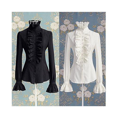 Victorian Womens Tops High Neck Ruffles Long Sleeve Frill Solid Color Shirt OL Office Frilly Cuffs Blouse Autumn Tops Womens Hot