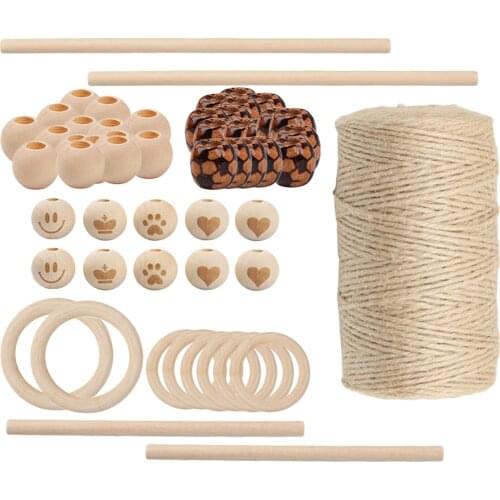 100m Natural Macrame Cord Rope 3mm with Wood Beans,Wood Rings, Wood Sticks