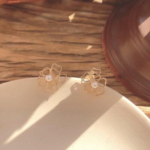 S925 Silver Pearl Hollow Double Five-petal Flower Stud Earrings Simple and Fashionable for Women Piercing Jewelry