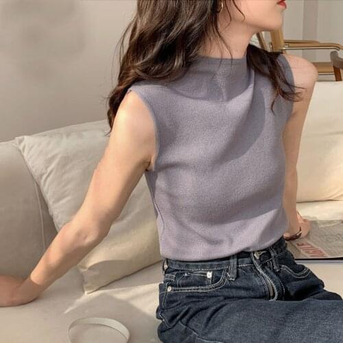 2021 Sexy Knitted Tops Summer Turtleneck Tank Top Female Sleveless Vest Casual Women Camisole Sleeveless Slim Fashion Tops Chic