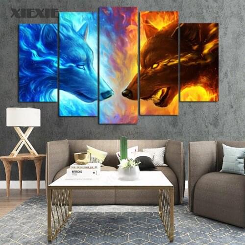 5Pcs/Set Ice and Fire Wolf Canvas Painting Wall Art Posters and Prints for Living Room Decor Animal Art Decorative Pictures