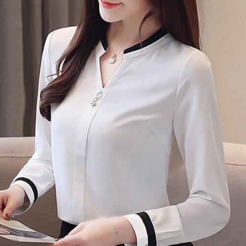Blusas Mujer De Moda 2021 Blouse Women V-neck Office Blouse For Women Chiffon Blouse Shirt Long Sleeve White Blouse Shirts A893