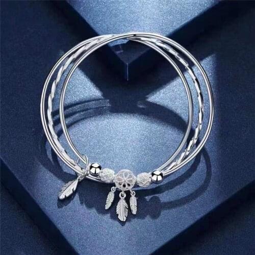 Pure Silver Bangles For Women Multi Layer Feather Beads Charm Bracelet & Bangle Adjustable Pulseira Femme Retro Jewelry Bijoux
