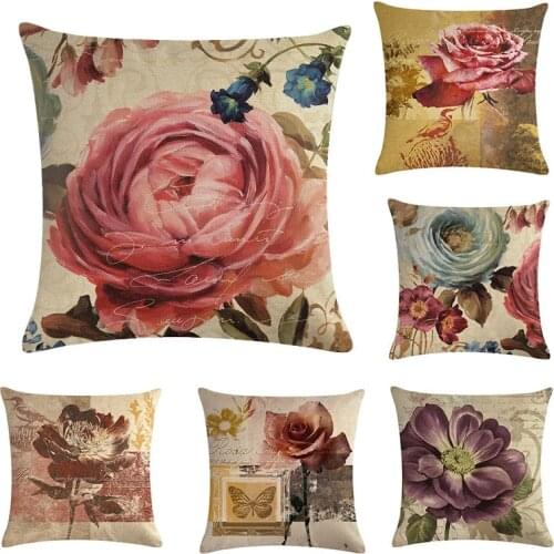 Flower Pattern Throw Pillow Cover Linen Cushion Cover Seat Car Home Decor Sofa Livingroom Decorative Pillowcase 45x45cm/pc