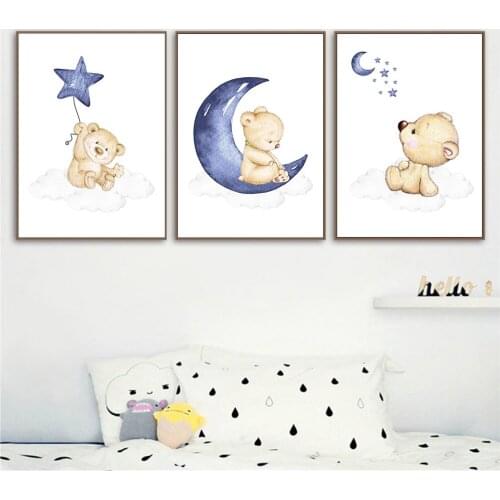 Star Moon Bear Canvas Prints Baby Animal Art Painting Nursery Print Poster Nordic Wall Art Pictures Baby Kids Room Decoration