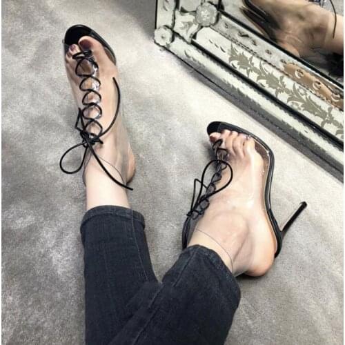 Carpaton Summer Fashion Lace-up Sandal Sexy PVC Open Toe Thin Heels Woman Shoes Cutouts High Heel Gladiator Sandal for Woman
