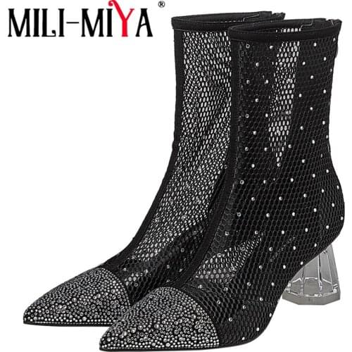 MILI-MIYA New Arrival Women Kid Suede Ankle Cool Boots Breathable Mesh Crystal Pointed Toe Zippers Fashion Street Shoes For Lady