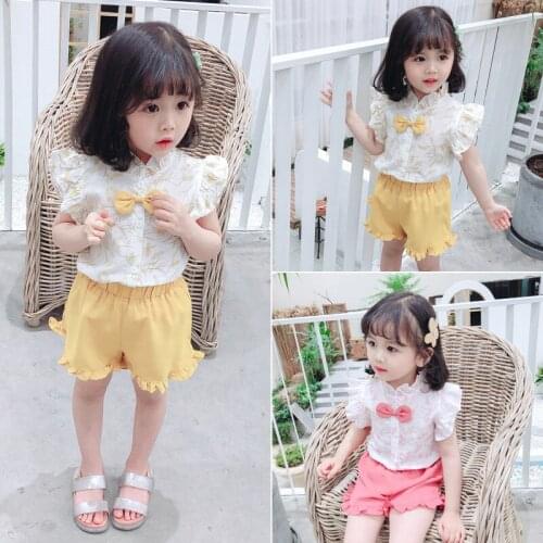 Fashion Summer Baby Girls Clothes Cute Floral short Sleeve Sbow T-shirt Tops+Shorts Suits 2pcs Kids princess Clothes Set
